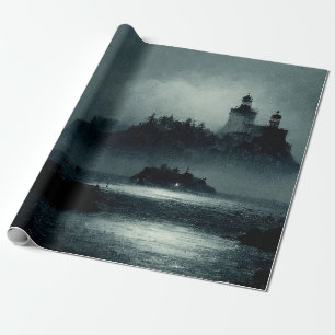 Papier Cadeau Imaginaire Island Lighthouse Misty Foggy Dark Nigh