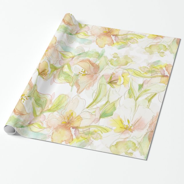 Papier Cadeau Imaginaire Pastel Aquarelle Motif Floral (Déroulé)