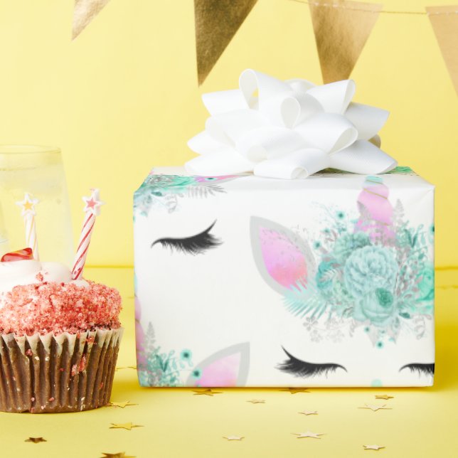 Papier Cadeau Imaginaire unicorne face carrelé partie envelopper (Fête d'anniversaire)