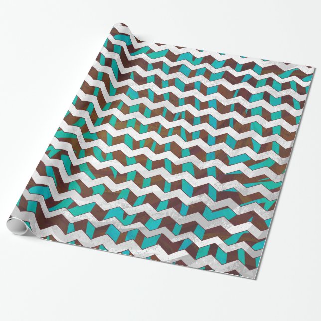 Papier Cadeau Impression Chevron Zèbre Marron et Turquoise (Déroulé)
