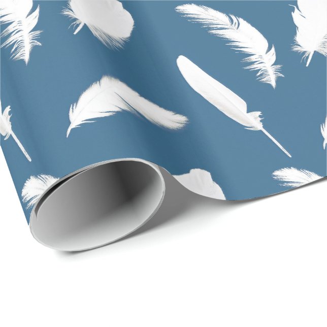 Papier Cadeau Impression en plumes blanches sur bleu denim (Coin rond)