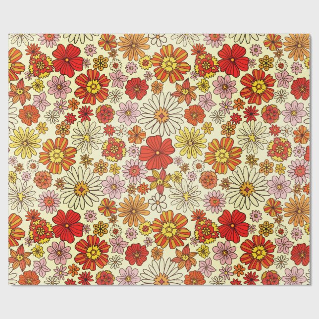 Papier Cadeau Impression florale chaude inspirée des années 70 (Plat)