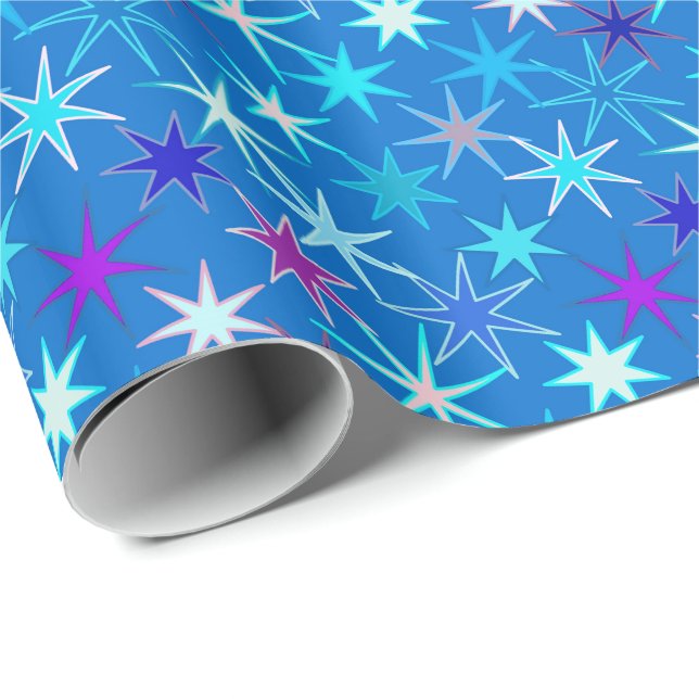 Papier Cadeau Impression Starburst moderne, Bleu Cérulean Profon (Coin rond)