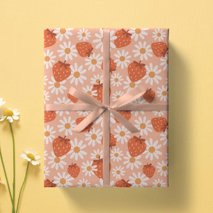 Papier Cadeau Imprimé groovy de marguerite et de fraise Été Prin