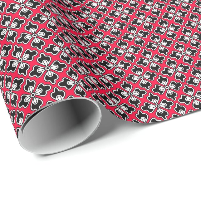 Papier Cadeau imprimé kimono floral, noir, gris et rouge (Coin rond)