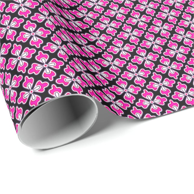 Papier Cadeau imprimé kimono floral, rose fuchsia et noir (Coin rond)