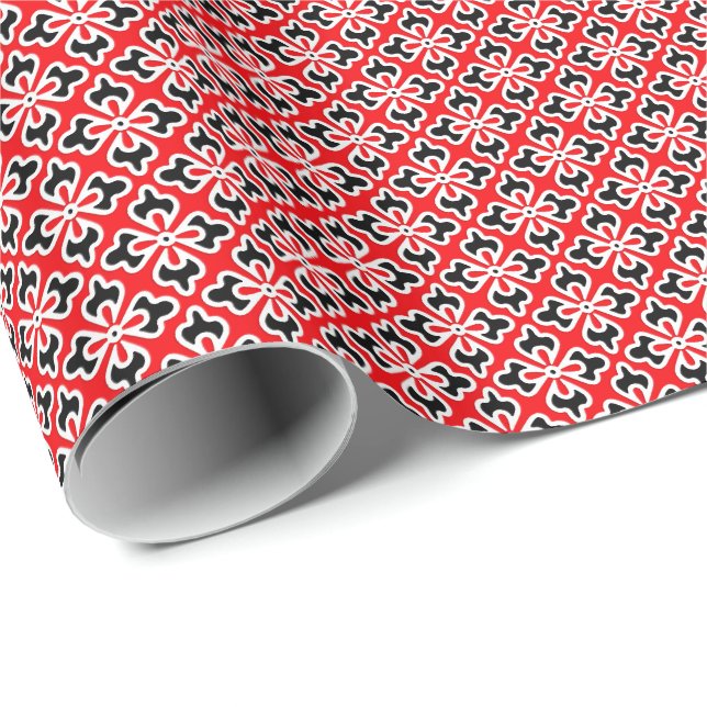 Papier Cadeau imprimé kimono floral, rouge, noir et blanc (Coin rond)