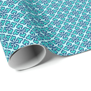 Papier Cadeau imprimé kimono floral, turquoise, marine et aqua