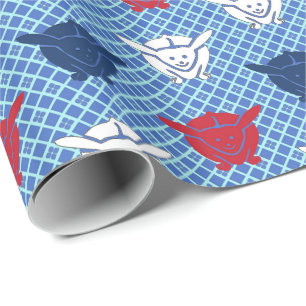 Papier Cadeau imprimé lapin japonais, bleu avec rouge et blanc