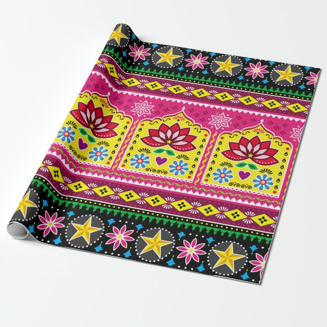 Papier Cadeau Indian truck art floral seamless folk art pattern, (Déroulé)