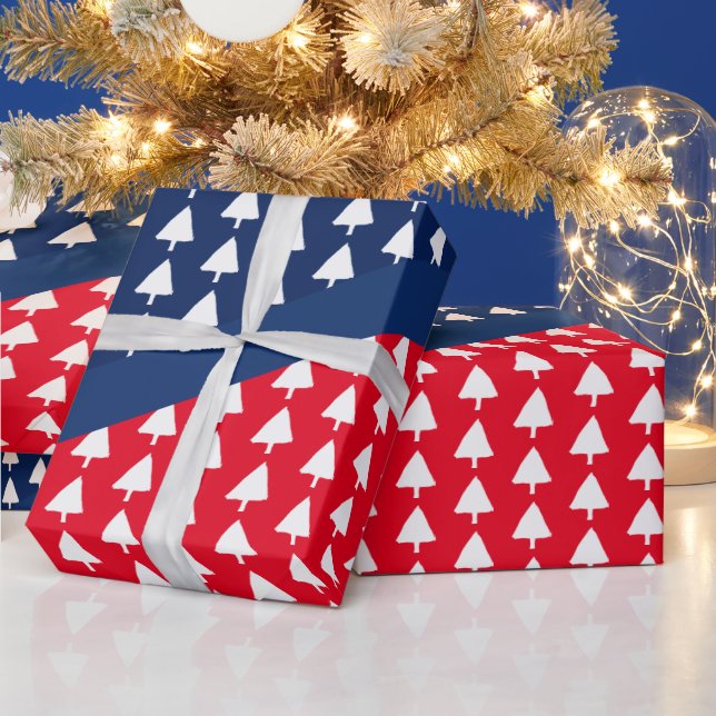 Papier Cadeau Indigo Bleu Rouge Blanc Arbre de Noël Motif (Vacances)