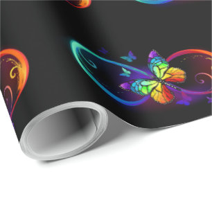 Papier Cadeau Infini vibrant avec papillon arc-en-ciel sur noir