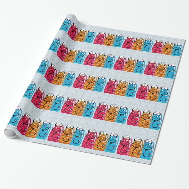 Papier Cadeau Infirmière Chats envelopper cadeau bleu (Déroulé)