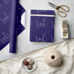 Papier Cadeau Initiales Monogrammes Mariage Date Moderne Navy