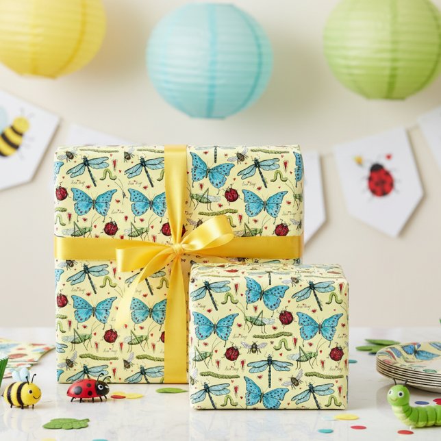 Papier Cadeau Insectes de bug d'amour jaune mignon pour les amat (Cute Bugs Insects Wrapping Paper for Kids in Yellow. Butterflies, Dragonflies, Ladybugs, Bees, Worms)