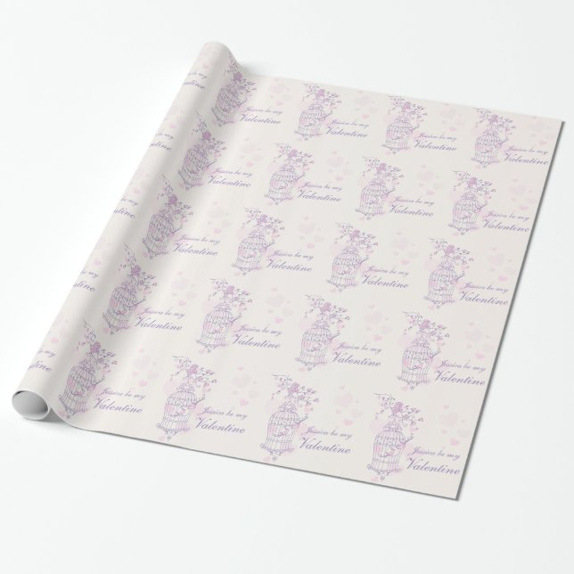 Papier Cadeau Inséparable cage rose violet nommé valentine envel (Déroulé)