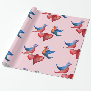 Papier Cadeau Inséparables, Aquarelle Oiseaux Enveloppement Papi