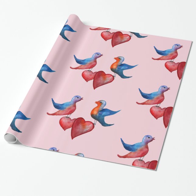 Papier Cadeau Inséparables, Aquarelle Oiseaux Enveloppement Papi (Déroulé)