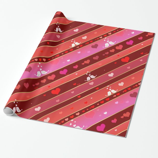 Papier Cadeau Inséparables Coeurs Valentine Motif Enveloppement  (Déroulé)