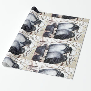 Papier Cadeau INSÉPARABLES D'HIVER DANS LA NEIGE Dessin noir et