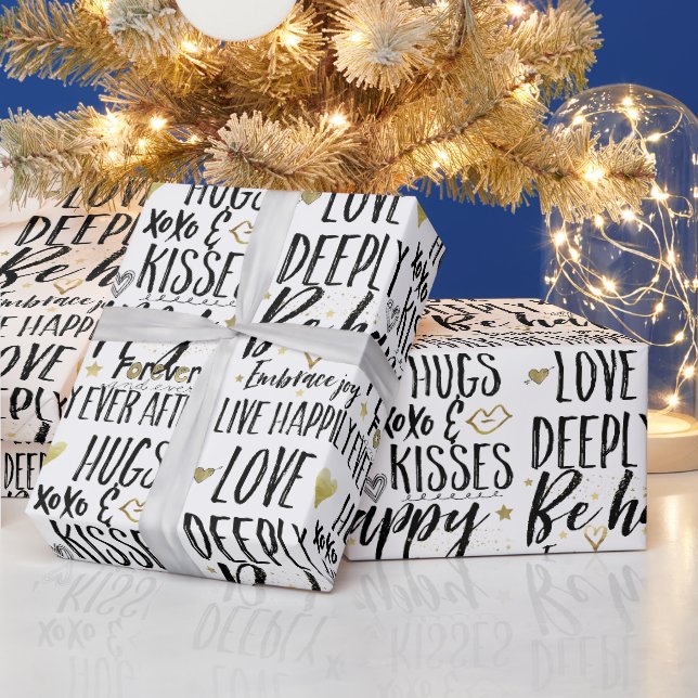 Papier Cadeau Inspirationnel Black Gold Love embrasse XOXO Heart (Vacances)
