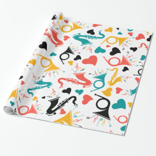 Papier Cadeau Instruments de musique colorés Note & Coeurs Motif