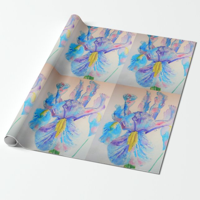 Papier Cadeau Iris bleu iris art fleurs aquarelle enveloppement (Déroulé)