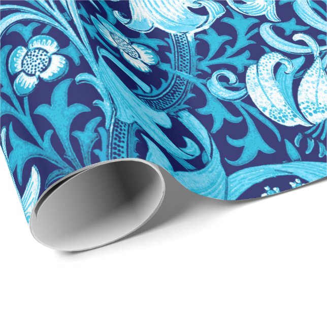 Papier Cadeau Iris de William Morris et lis, bleu d'indigo (Coin rond)