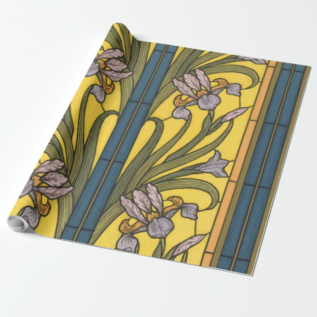 Papier Cadeau Iris Fleur Art Nouveau Vitrail Bleu Or (Déroulé)