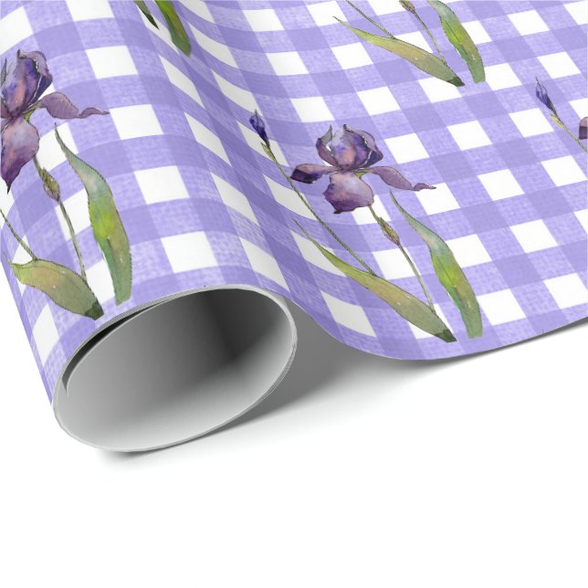 Papier Cadeau Iris violet sur papier d'emballage En vichy (Coin rond)