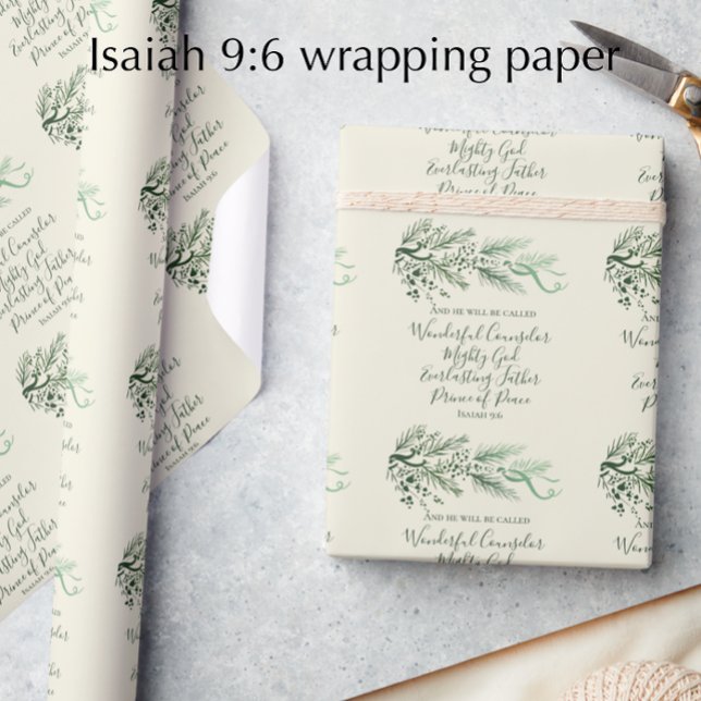 Papier Cadeau Isaïe 9:6 Écriture Personnalisée Pin moderne Noël (Isaiah 9:6 original pine Christmas wrapping paper. Cream and sage elegant scripture gift wrap.)