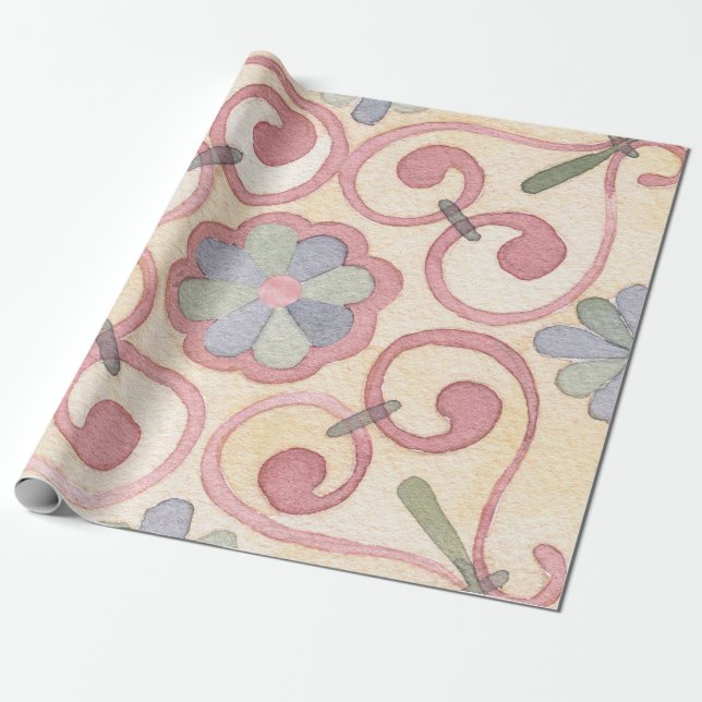 Papier Cadeau Italien espagnol Majolica Pink Floral Decoupage (Déroulé)