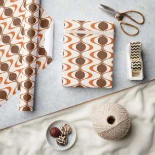 Papier Cadeau Ivoire Brun Orange Brûlé Motif Vague Ogee