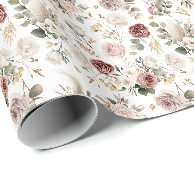 Papier Cadeau Ivory & Burgundy Floral Automne Enterrement de Vie (Coin rond)