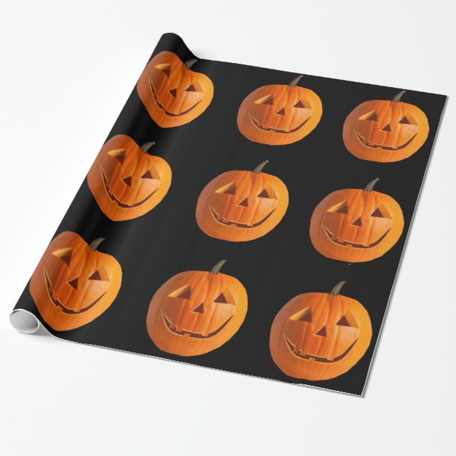 Papier Cadeau Jack-O-Lanterns sur papier d'emballage noir (Déroulé)