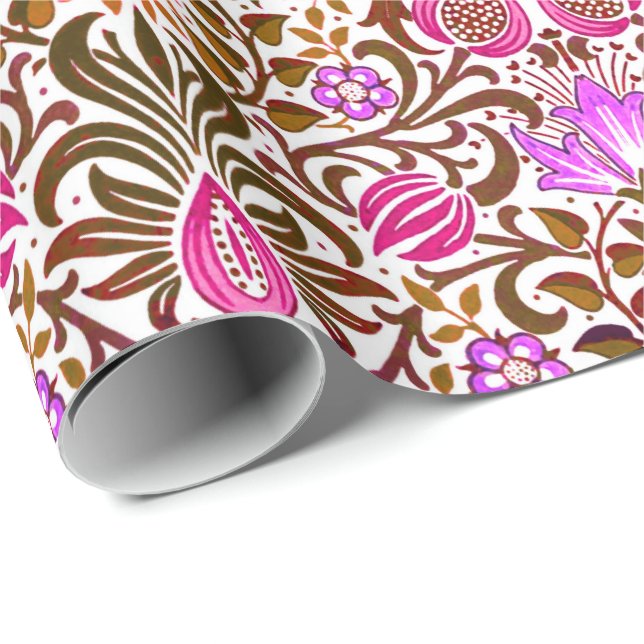 Papier Cadeau Jacobean Floral Damask, rose, violet et guerre Bro (Coin rond)