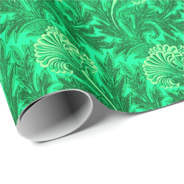 Papier Cadeau Jacobean Flower Damask, Emerald et Lime Green (Coin rond)