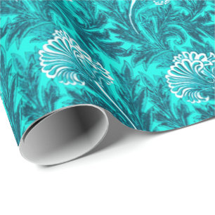 Papier Cadeau Jacobean Flower Damask, Turquoise et bleu Turquois