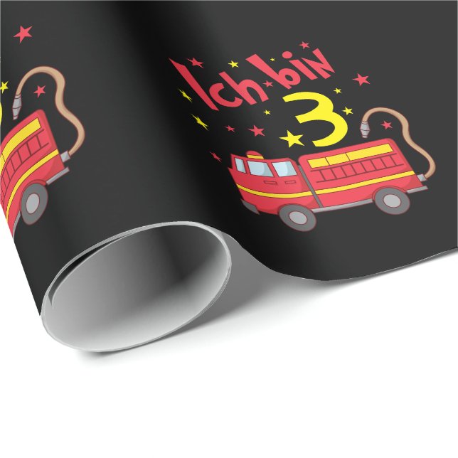 Papier Cadeau J'ai 3 ans de voiture de pompier (Coin rond)