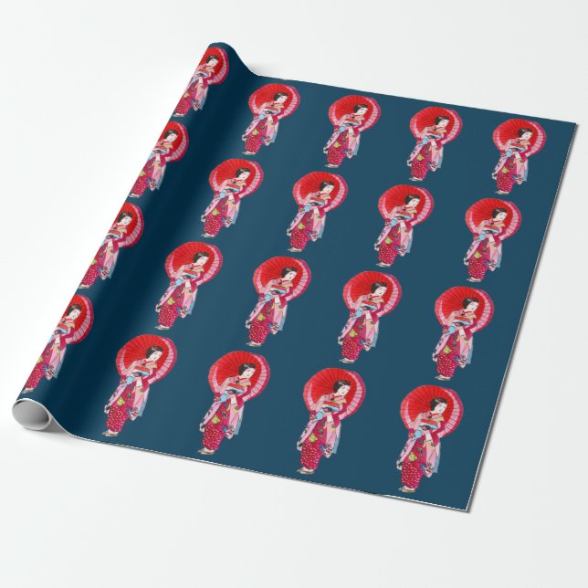 Papier Cadeau Japonais Geisha rouge kimono art mignon (Déroulé)
