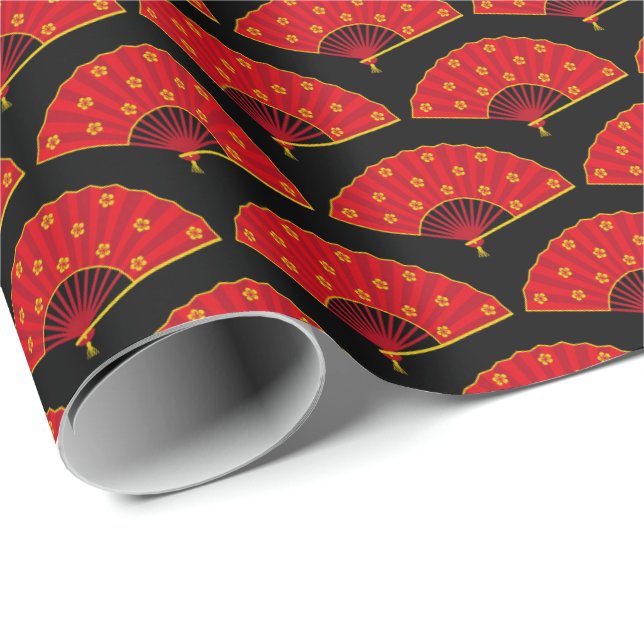 Papier Cadeau Japonais Thème traditionnel Fans Orientaux Rouges (Coin rond)