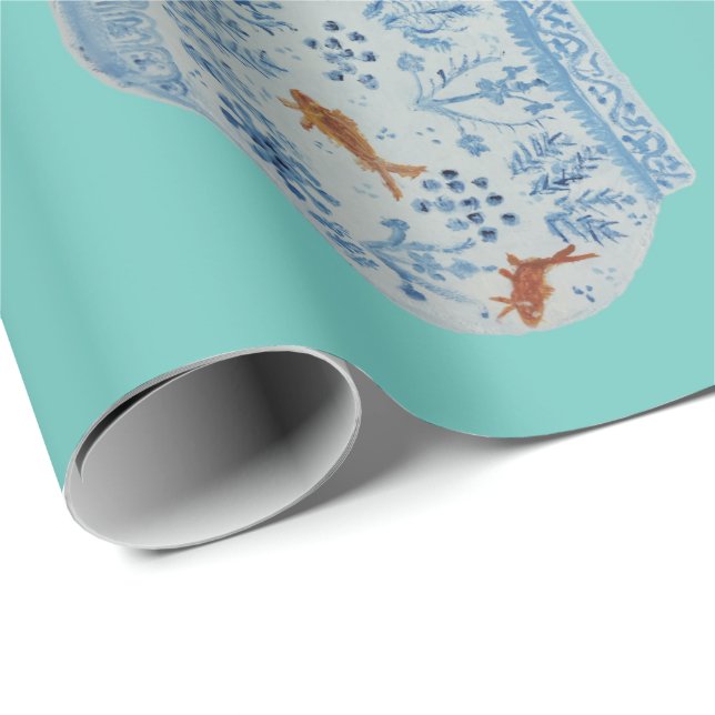 Papier Cadeau Jar de gingembre blanc et bleu peint à la main (Coin rond)