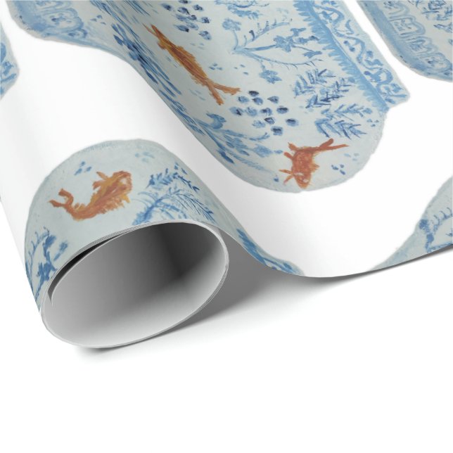 Papier Cadeau Jar de gingembre blanc et bleu peint à la main (Coin rond)