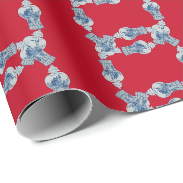 Papier Cadeau Jar de gingembre bleu et blanc peint à la main (Coin rond)