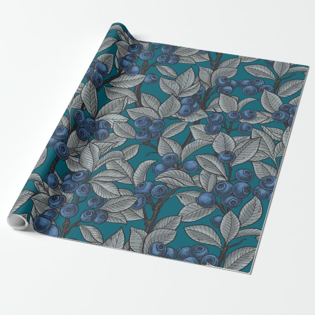 Papier Cadeau Jardin aux bleuets, bleu et gris (Déroulé)