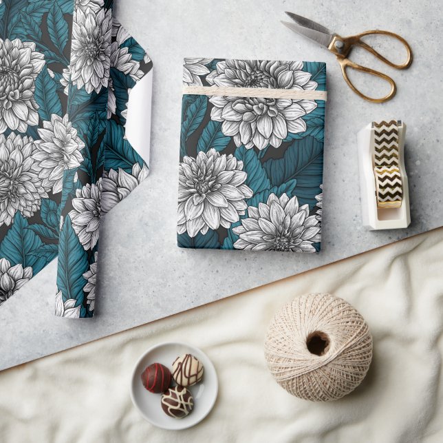 Papier Cadeau Jardin blanc Dahlia / feuilles bleus 2 (Artisanat)
