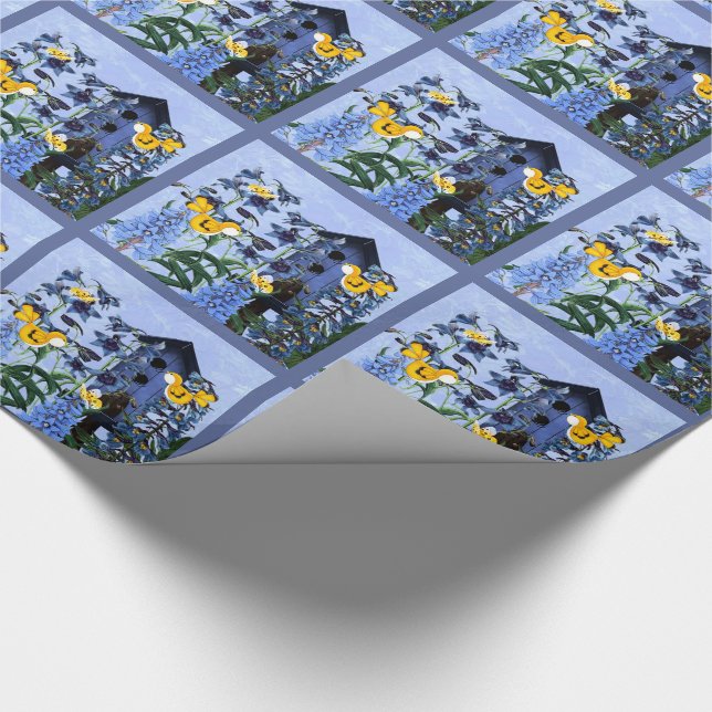 Papier Cadeau Jardin canarien et larkspur avec Birdhouse (Coin)