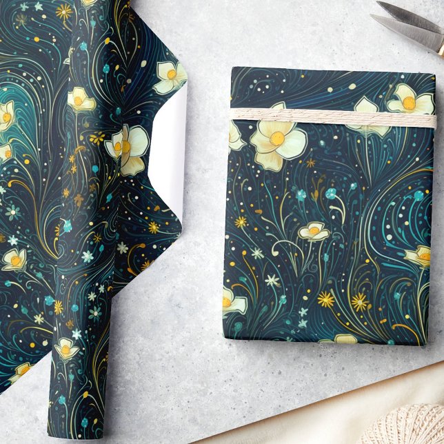 Papier Cadeau Jardin céleste Bleu Marine, Découpage Floral Or (Créateur téléchargé)