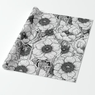 Papier Cadeau Jardin d'anémones en noir et blanc