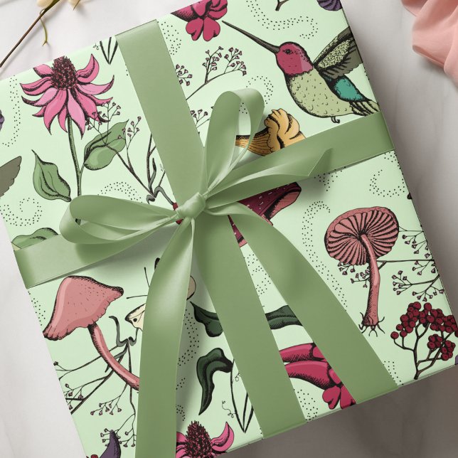 Papier Cadeau Jardin de printemps enchanté Colibri floral (Vibrant enchanted garden with cute hummingbird, mushrooms, wildflowers and fairy vibe swirls. )